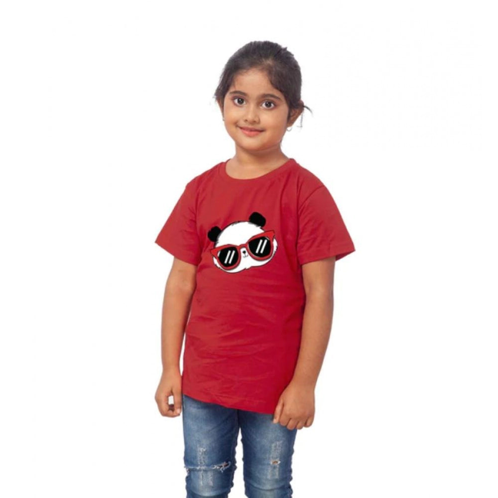 Generic Girls Cotton Panda Glass Half Sleeve TShirt (Maroon)