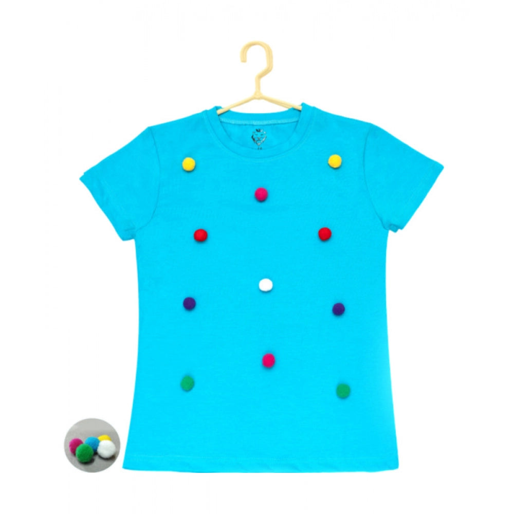 Generic Girl's Casual Short Sleeve Pom Pom Balls Cotton T Shirt (Blue)